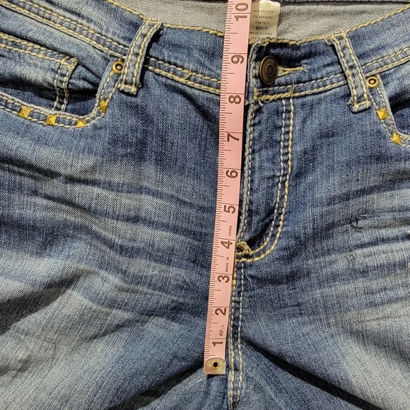 Cache Gold Grommet Factory Distressed Straight Leg Denim Jeans Size 10 - Picture 12 of 14